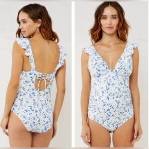 A Pea in the Pod Maternity Swimsuit One Piece Ruffle Neck Blue Floral Tie Back M